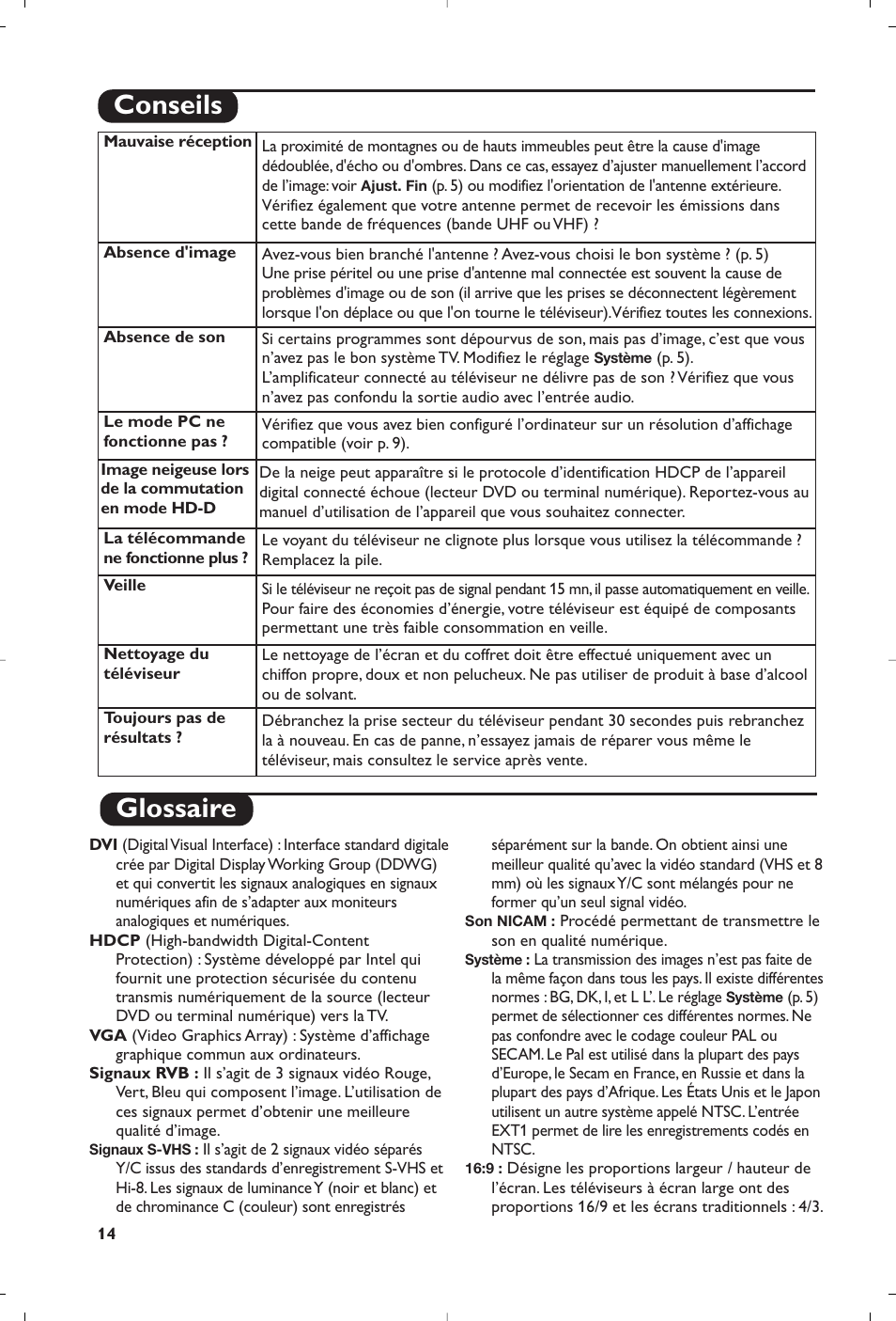 Glossaire, Conseils | Philips 15PF4110/58 User Manual | Page 18 / 174