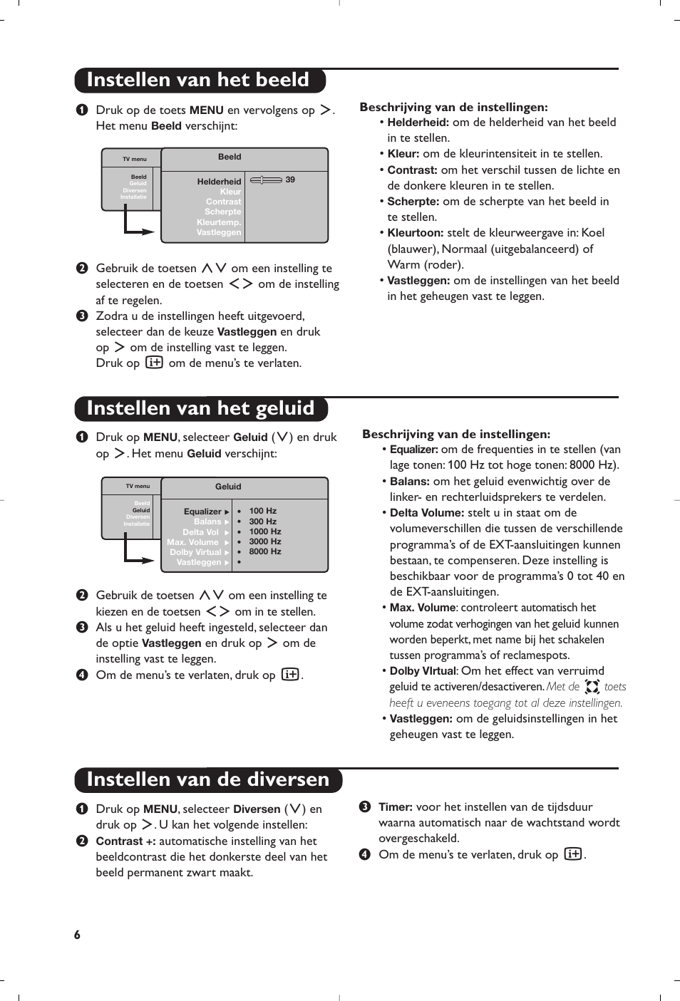 Instellen van het beeld instellen van het geluid, Instellen van de diversen | Philips 15PF4110/58 User Manual | Page 24 / 174