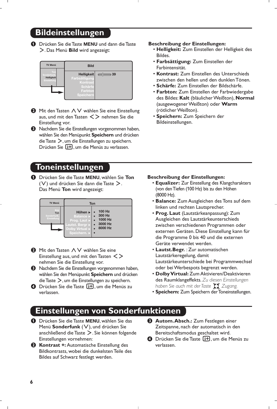 Bildeinstellungen toneinstellungen, Einstellungen von sonderfunktionen | Philips 15PF4110/58 User Manual | Page 38 / 174