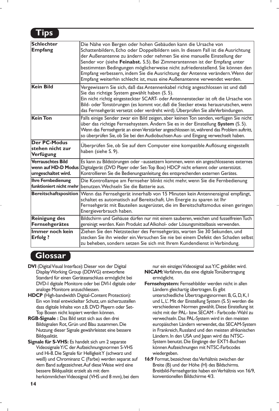 Glossar, Tips | Philips 15PF4110/58 User Manual | Page 46 / 174