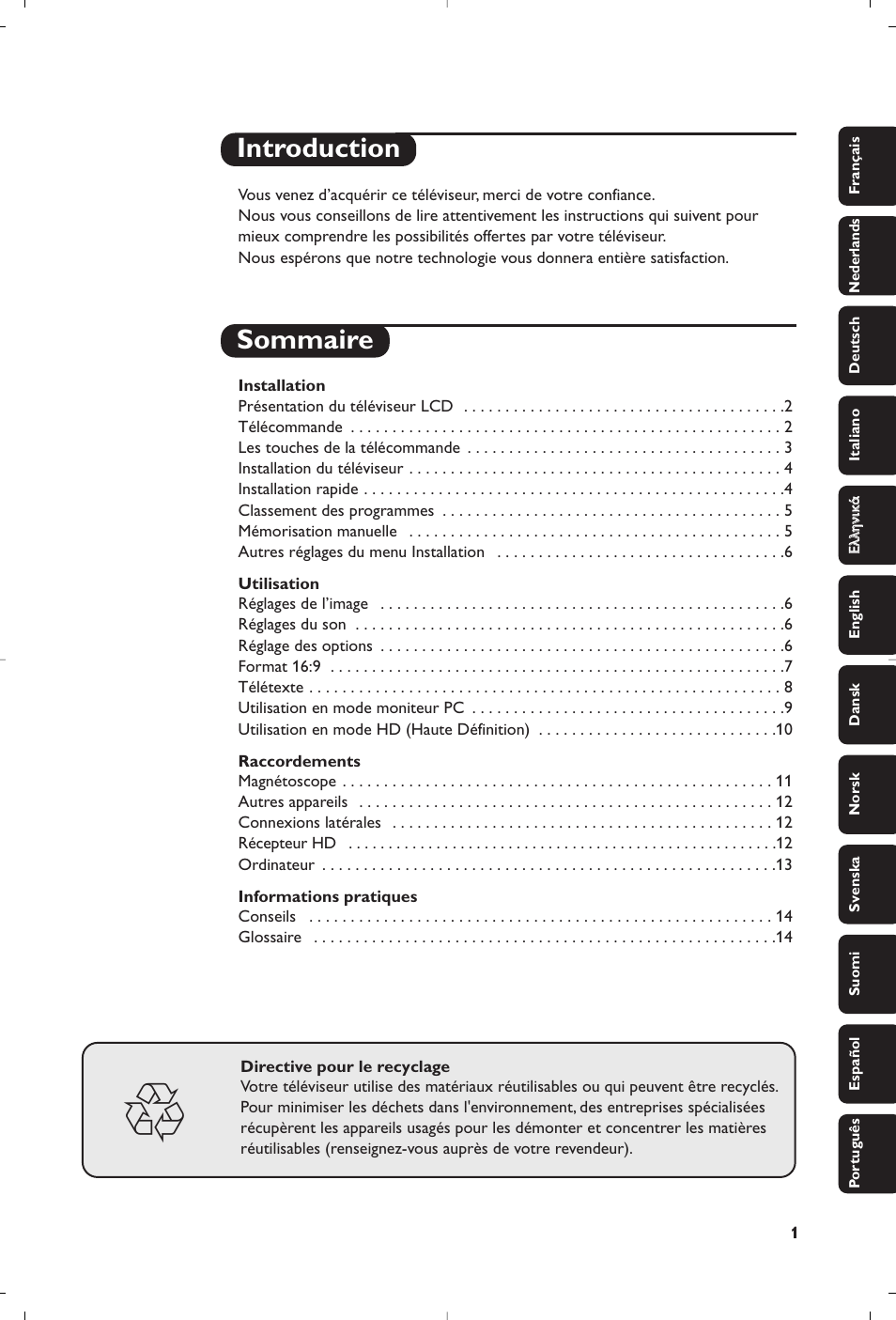 Introduction sommaire | Philips 15PF4110/58 User Manual | Page 5 / 174