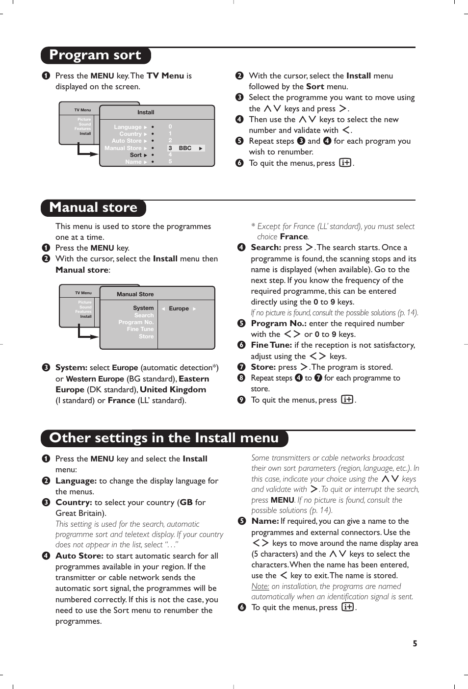 Manual store other settings in the install menu, Program sort | Philips 15PF4110/58 User Manual | Page 79 / 174