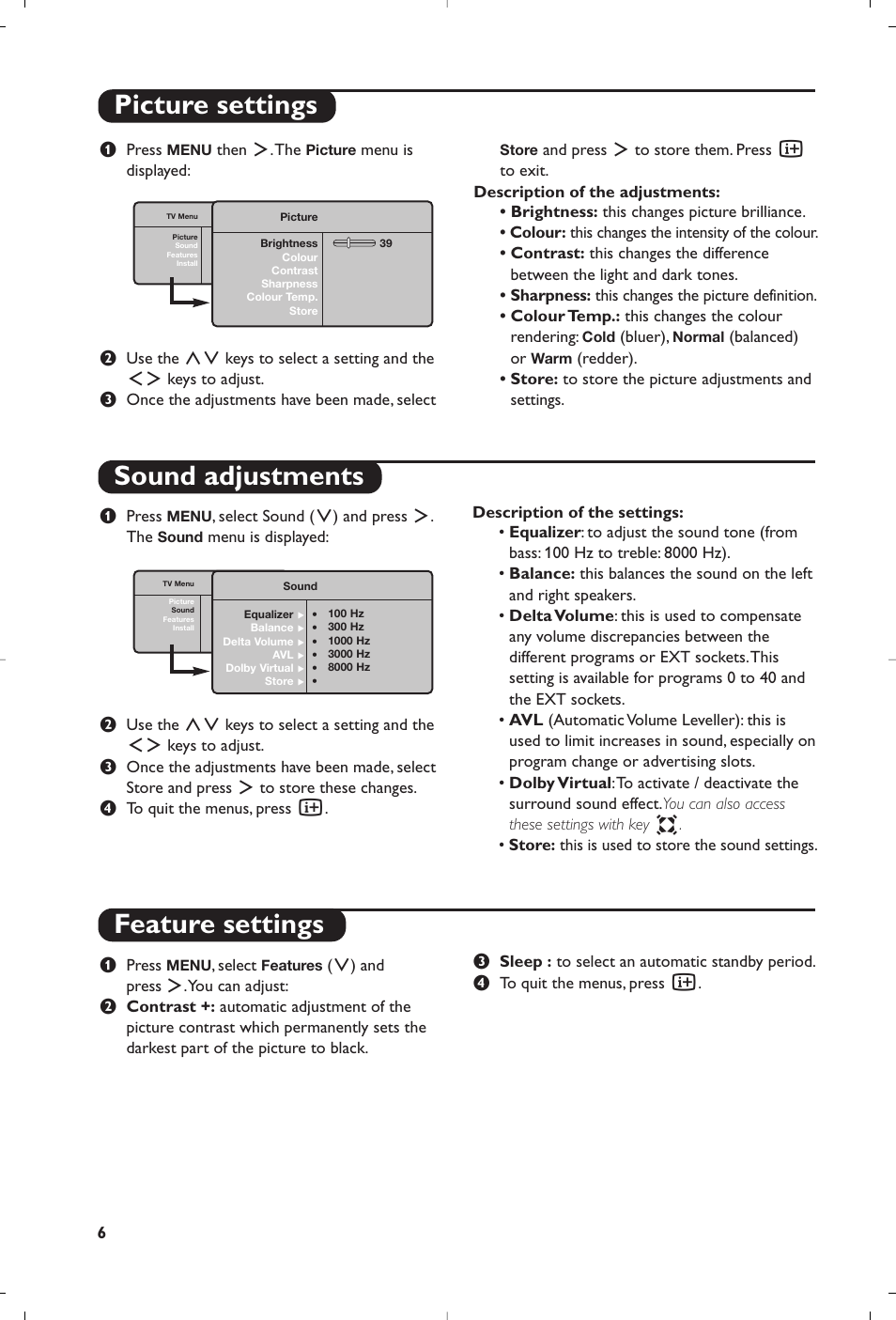 Picture settings sound adjustments, Feature settings | Philips 15PF4110/58 User Manual | Page 80 / 174