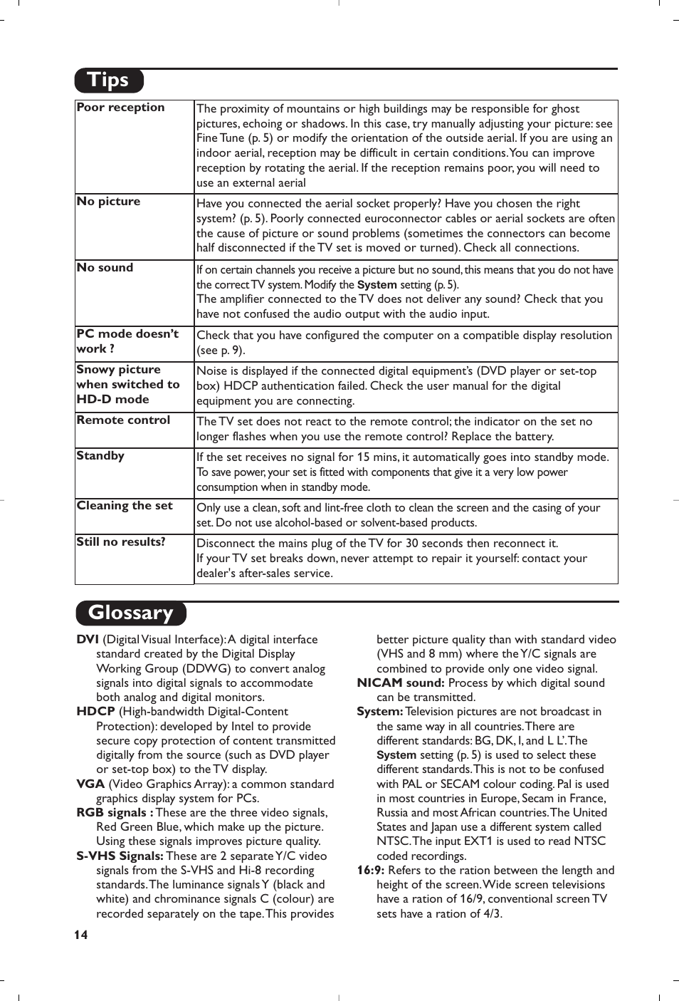 Glossary, Tips | Philips 15PF4110/58 User Manual | Page 88 / 174