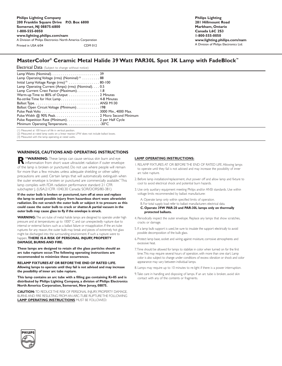 Mastercolor, Electrical data | Philips MasterColor PAR30L User Manual | Page 2 / 2