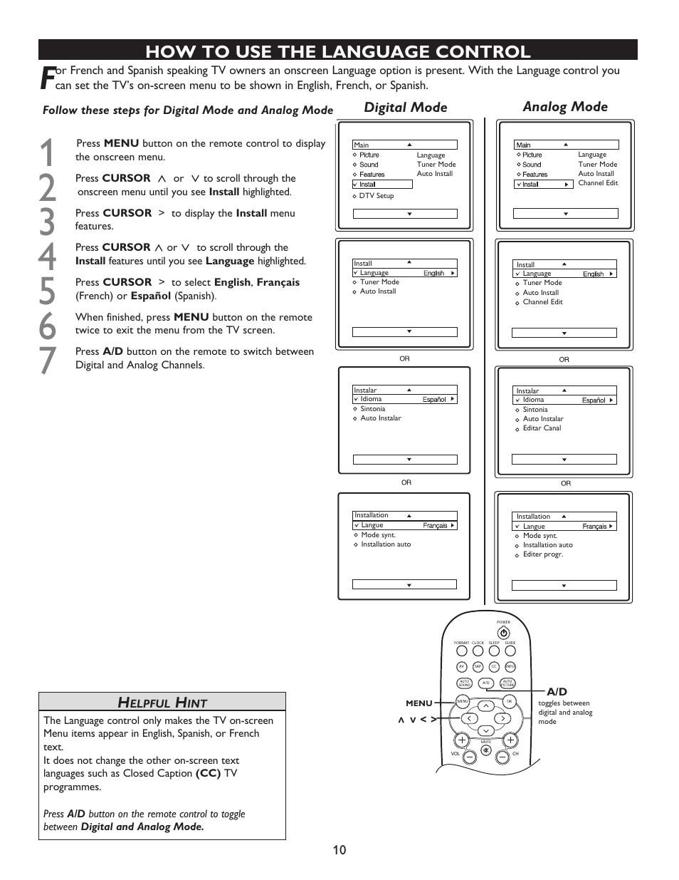 How to use the language control, Digital mode, Analog mode | Philips 32PT7005D User Manual | Page 10 / 39