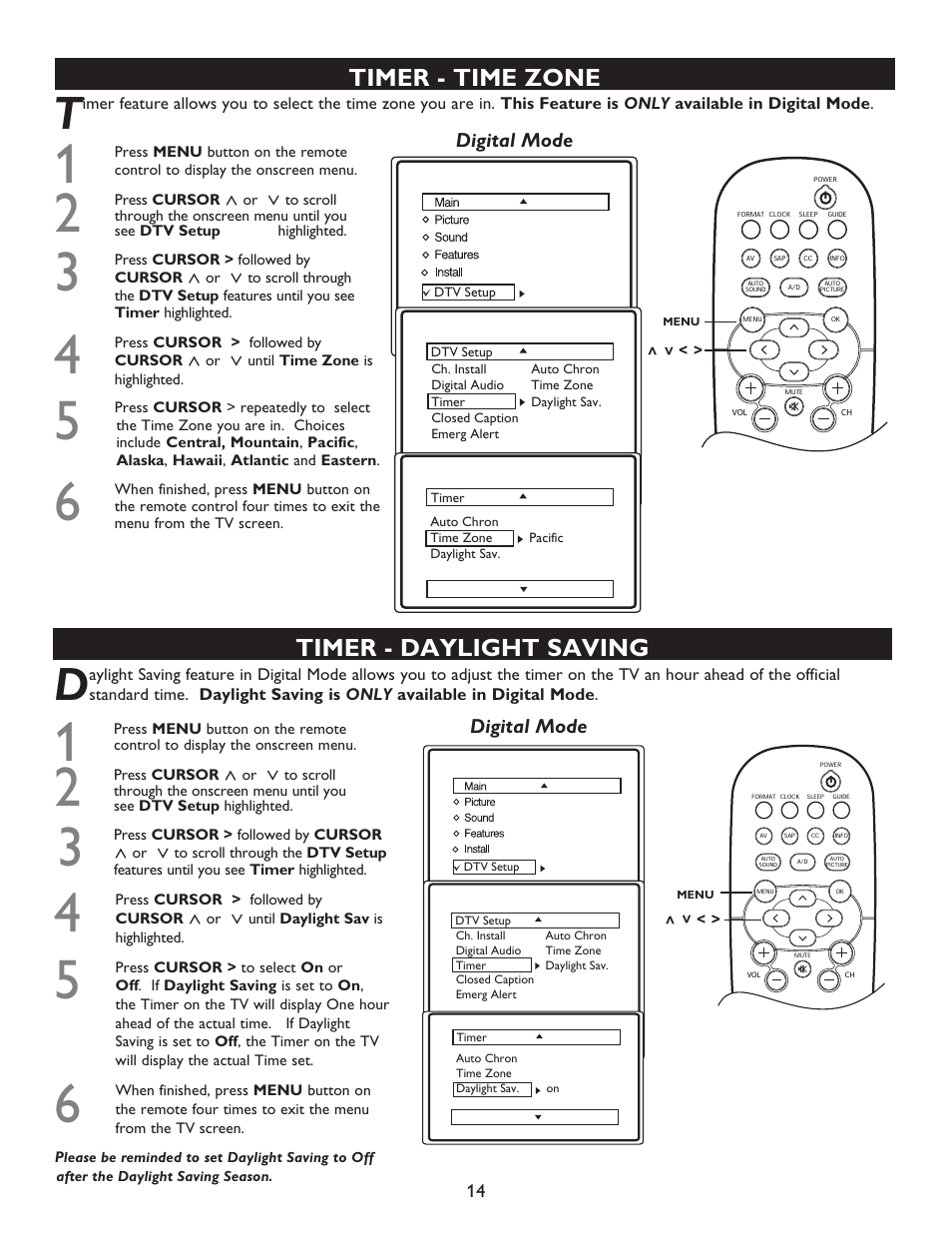 Timer - time zone timer - daylight saving | Philips 32PT7005D User Manual | Page 14 / 39