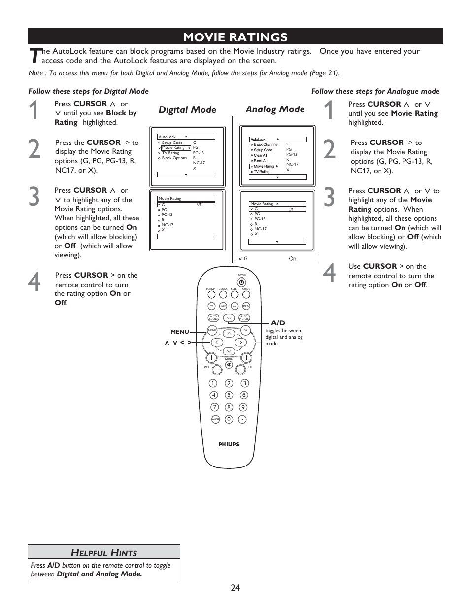 Movie ratings, Digital mode analog mode | Philips 32PT7005D User Manual | Page 24 / 39