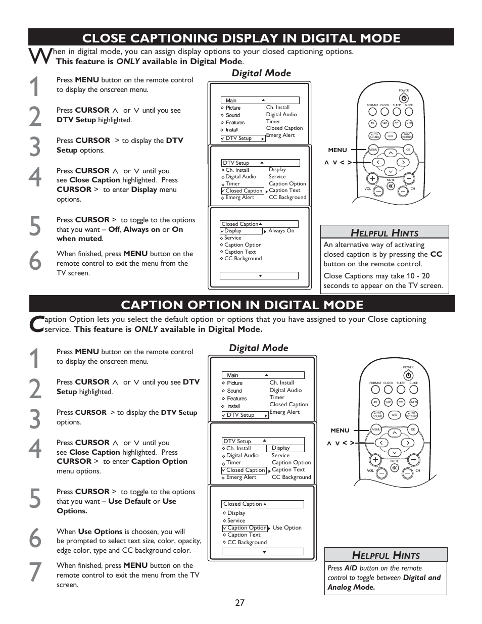 Close captioning display in digital mode, Caption option in digital mode | Philips 32PT7005D User Manual | Page 27 / 39