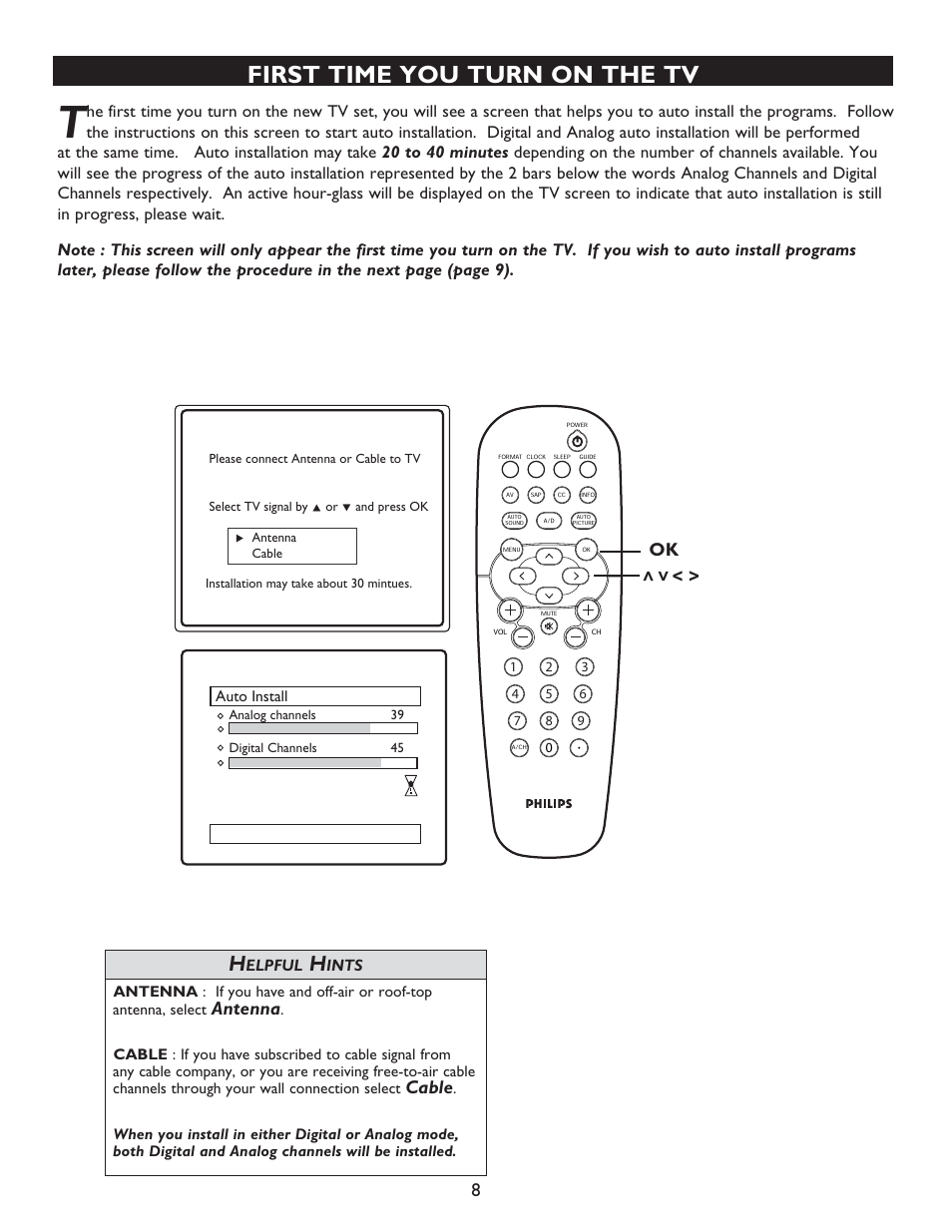 First time you turn on the tv, Antenna, Cable | Philips 32PT7005D User Manual | Page 8 / 39