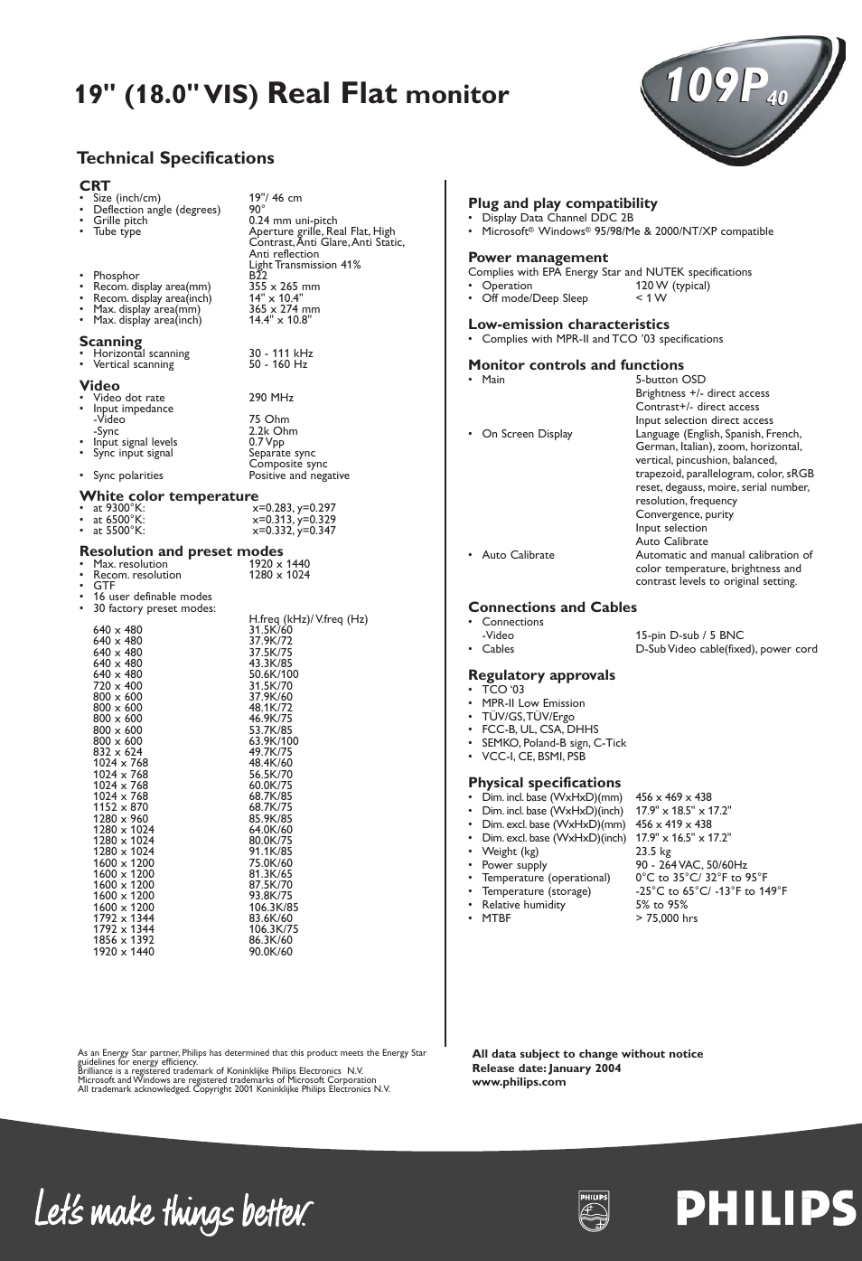 109p, Real flat, Monitor | Technical specifications | Philips 109P User Manual | Page 2 / 2