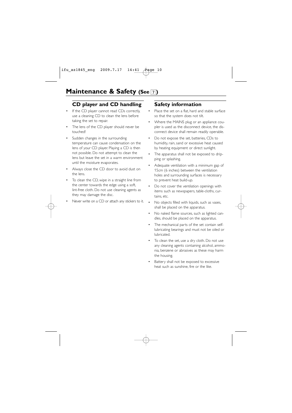 Maintenance & safety, Cd player and cd handling, Safety information | See 7 ) | Philips SOUNDMACHINE AZ1845 User Manual | Page 10 / 13