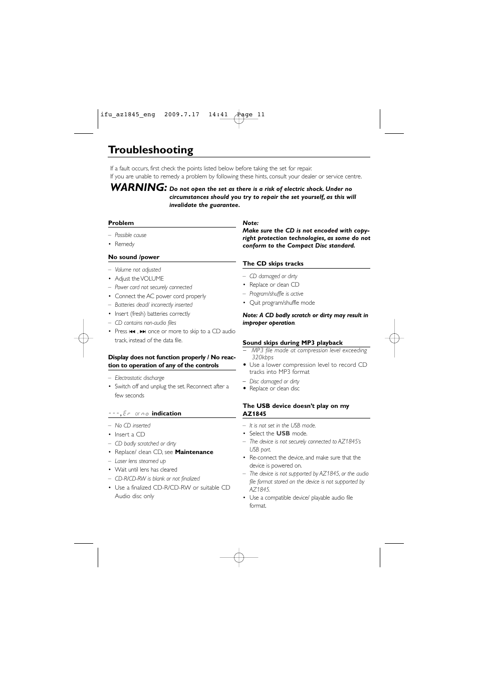 Troubleshooting, Warning | Philips SOUNDMACHINE AZ1845 User Manual | Page 11 / 13