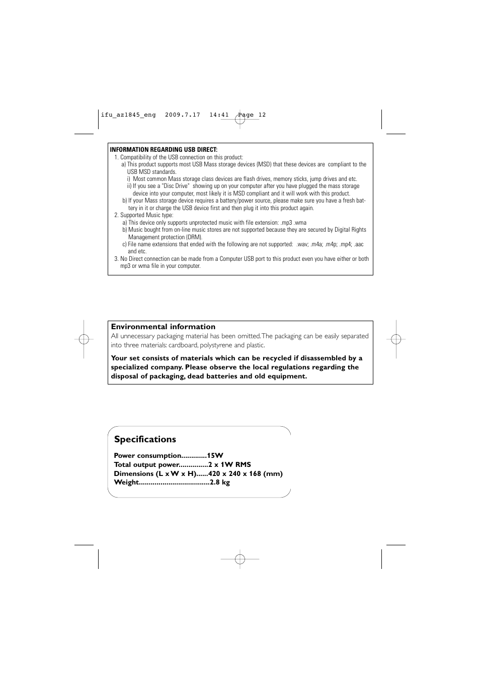 Specifications | Philips SOUNDMACHINE AZ1845 User Manual | Page 12 / 13