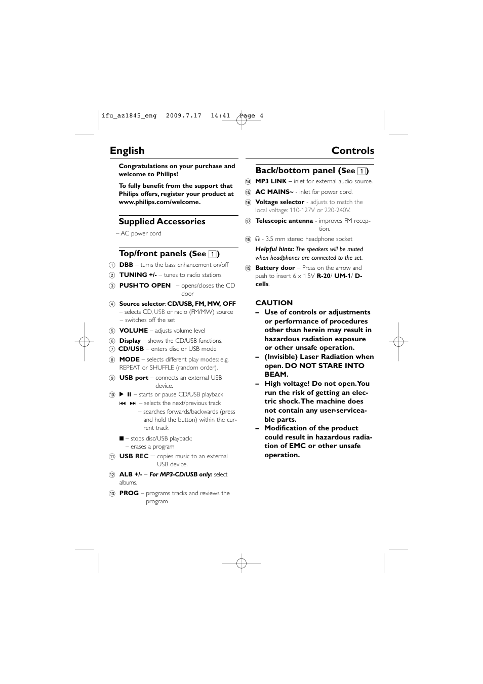 English controls, Supplied accessories, Top/front panels | Back/bottom panel | Philips SOUNDMACHINE AZ1845 User Manual | Page 4 / 13