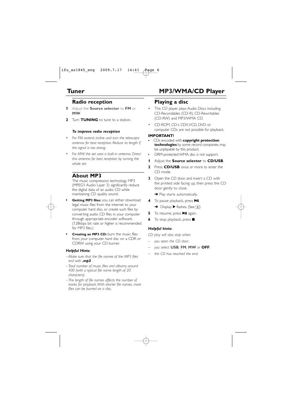 Tuner mp3/wma/ cd player, Radio reception, About mp3 | Playing a disc | Philips SOUNDMACHINE AZ1845 User Manual | Page 6 / 13