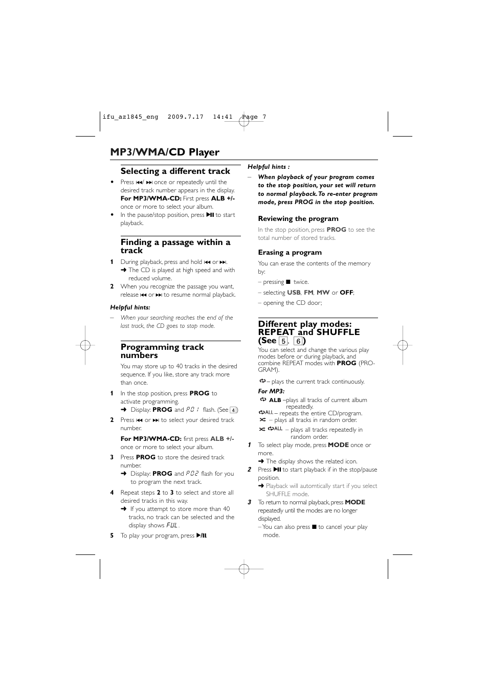 Mp3/wma/ cd player, Selecting a different track, Finding a passage within a track | Programming track numbers, Different play modes: repeat and shuffle (see 5 | Philips SOUNDMACHINE AZ1845 User Manual | Page 7 / 13