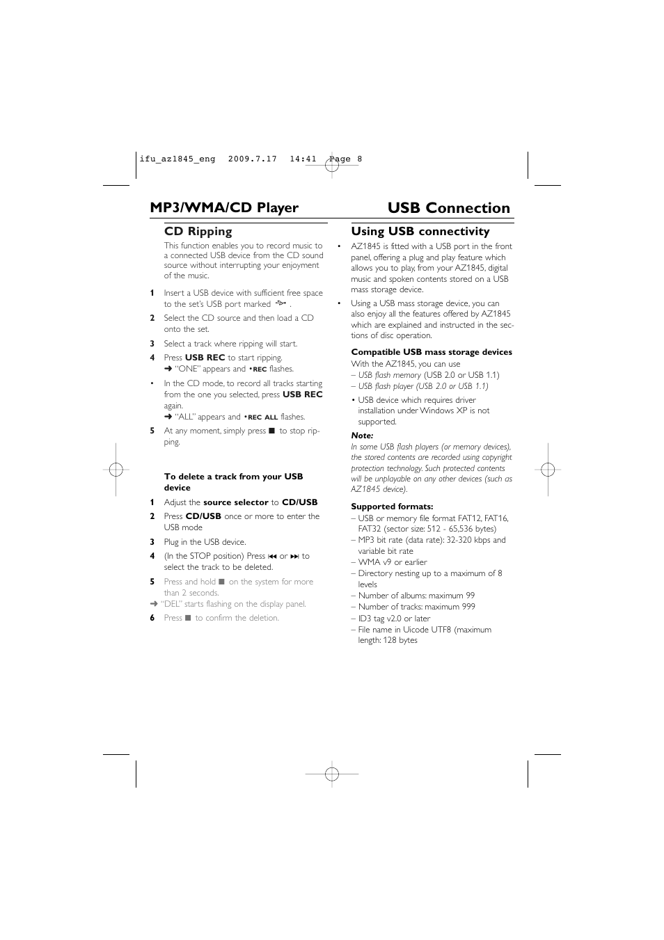 Usb connection, Mp3/wma/cd player, Cd ripping | Using usb connectivity | Philips SOUNDMACHINE AZ1845 User Manual | Page 8 / 13