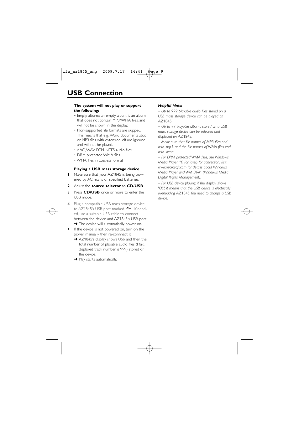 Usb connection | Philips SOUNDMACHINE AZ1845 User Manual | Page 9 / 13