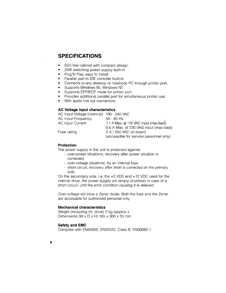 Protection, Mechanical characteristics, Safety and emc | Specifications | Philips CDD3615 User Manual | Page 10 / 11