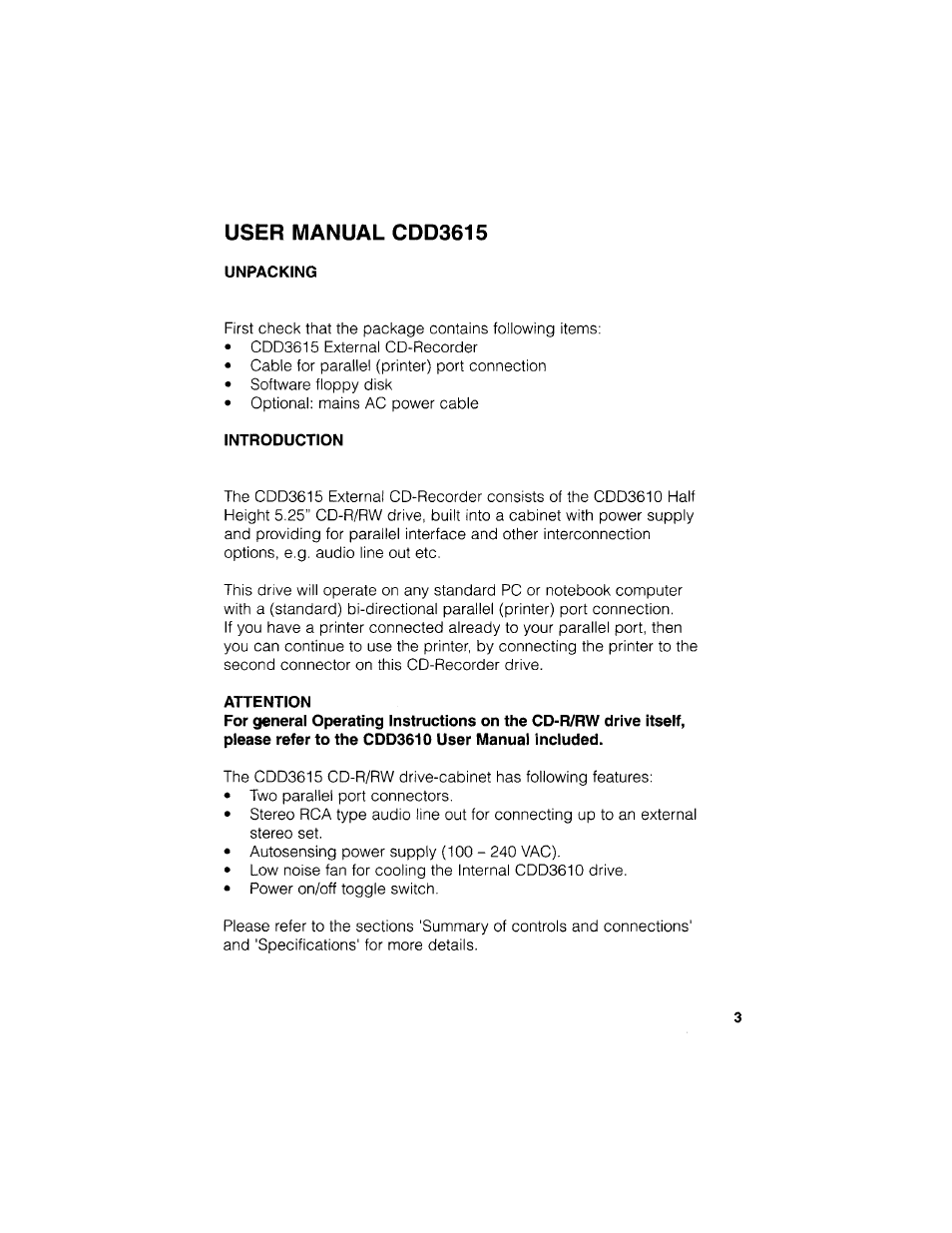 Unpacking, Introduction, Attention | User manual cdd3615 | Philips CDD3615 User Manual | Page 5 / 11