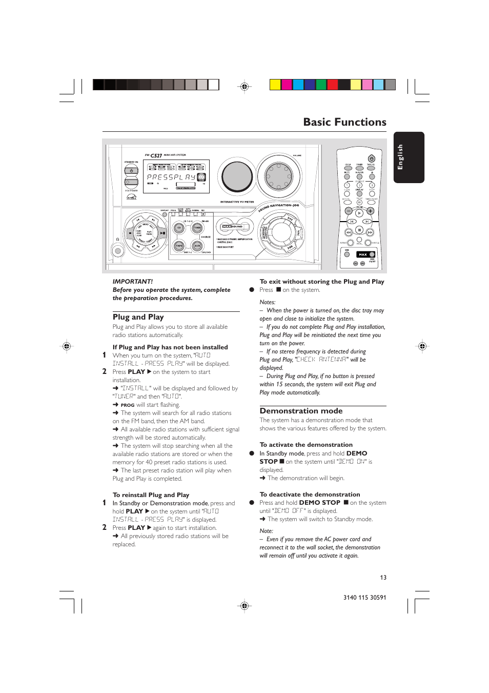 Basic functions | Philips FWC527/37 User Manual | Page 13 / 30