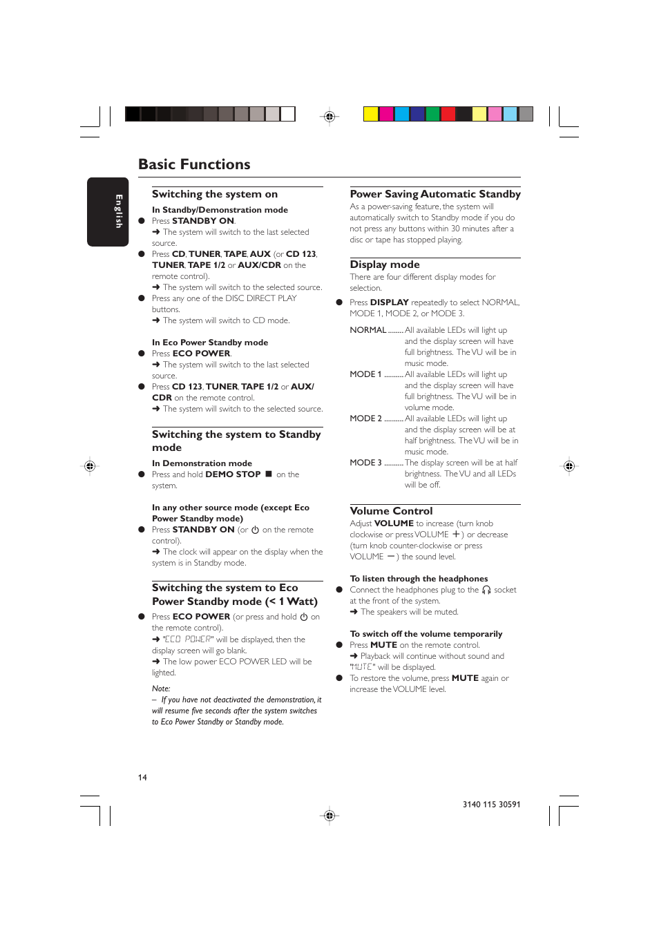 Basic functions | Philips FWC527/37 User Manual | Page 14 / 30