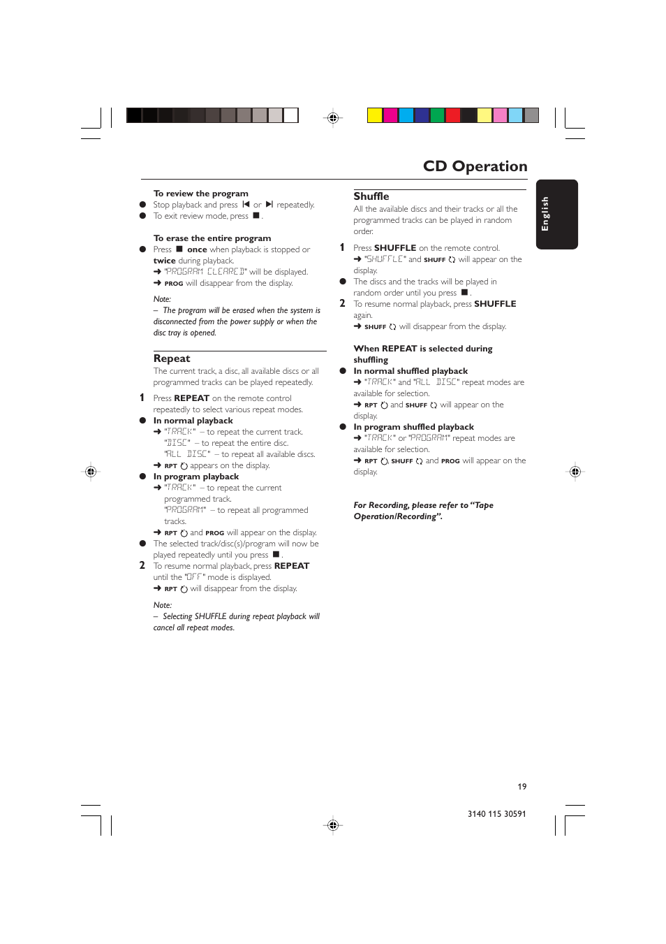 Cd operation, Repeat, Shuffle | Philips FWC527/37 User Manual | Page 19 / 30