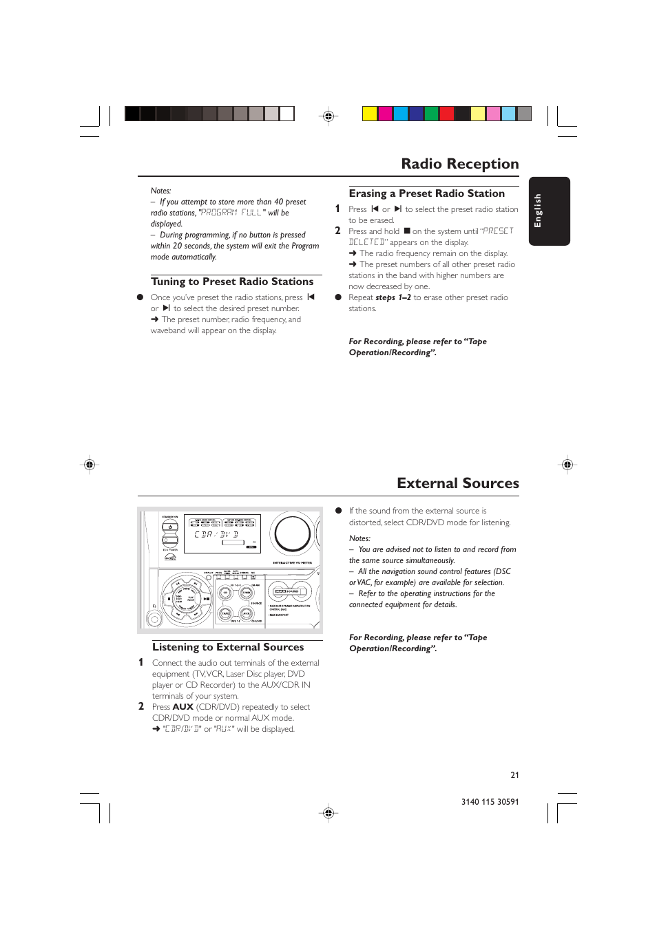 Radio reception external sources | Philips FWC527/37 User Manual | Page 21 / 30