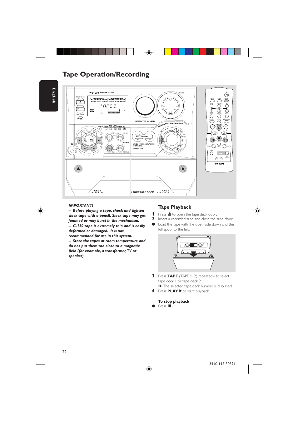 Tape operation/recording | Philips FWC527/37 User Manual | Page 22 / 30