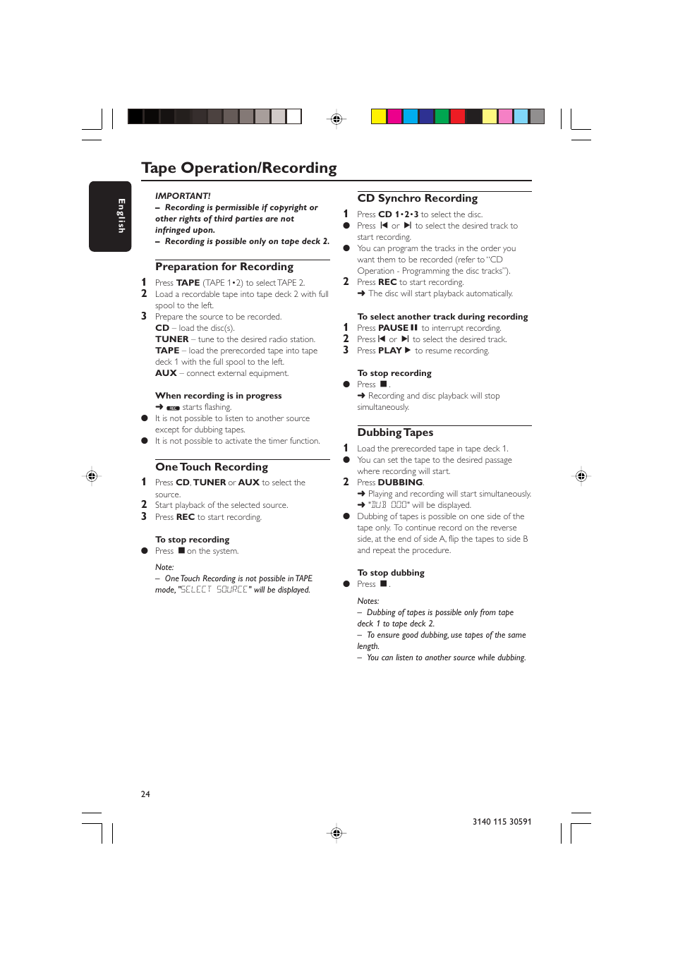 Tape operation/recording | Philips FWC527/37 User Manual | Page 24 / 30