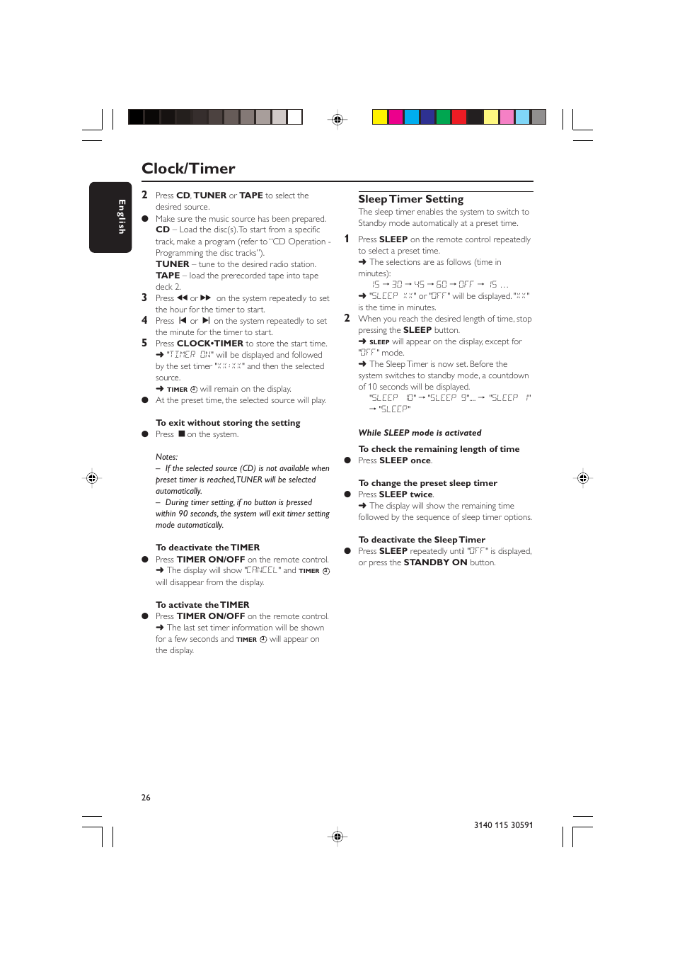 Clock/timer, Sleep timer setting | Philips FWC527/37 User Manual | Page 26 / 30