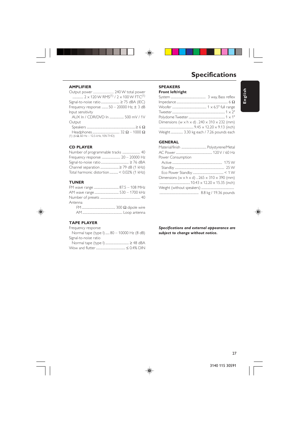 Specifications | Philips FWC527/37 User Manual | Page 27 / 30