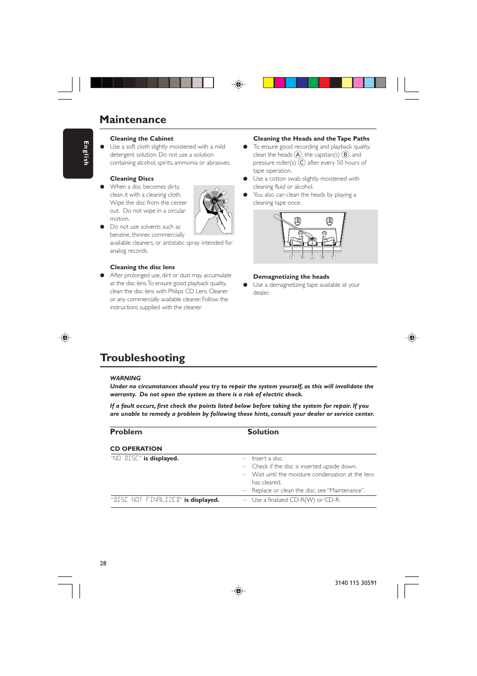 Maintenance, Troubleshooting | Philips FWC527/37 User Manual | Page 28 / 30