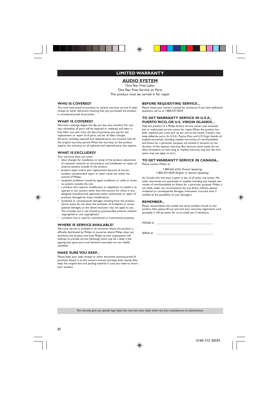 Audio system, Limited warranty | Philips FWC527/37 User Manual | Page 30 / 30