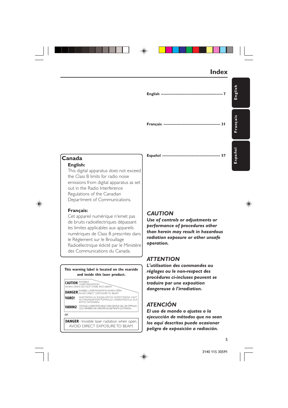 Index, Canada, Caution | Attention, Atención | Philips FWC527/37 User Manual | Page 5 / 30