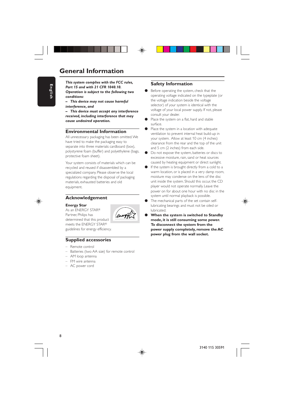 General information, Environmental information, Acknowledgement | Supplied accessories, Safety information | Philips FWC527/37 User Manual | Page 8 / 30