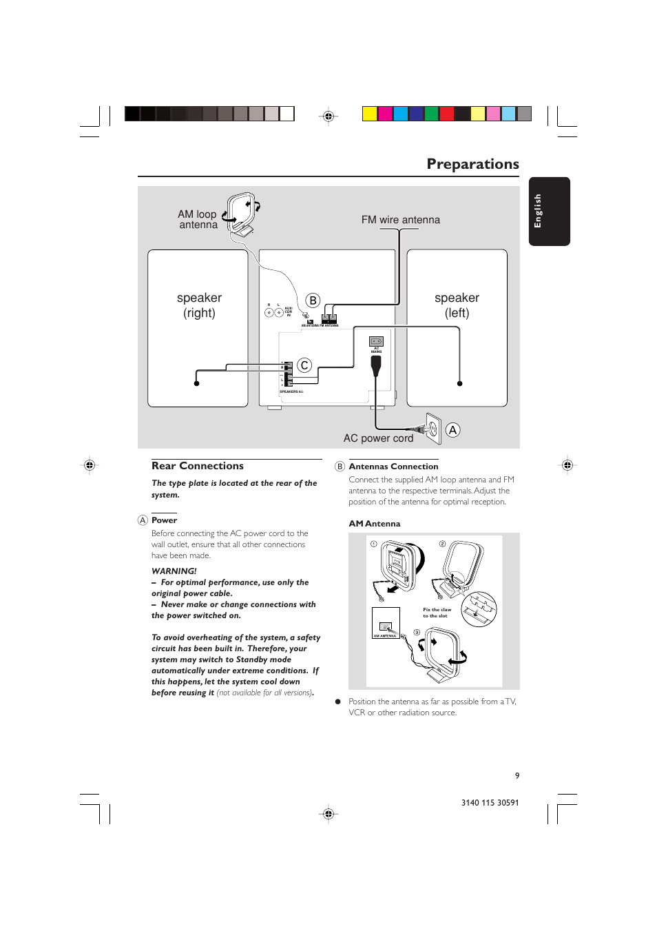 Ab c, Preparations, Speaker (right) speaker (left) | Rear connections, Ac power cord fm wire antenna am loop antenna | Philips FWC527/37 User Manual | Page 9 / 30