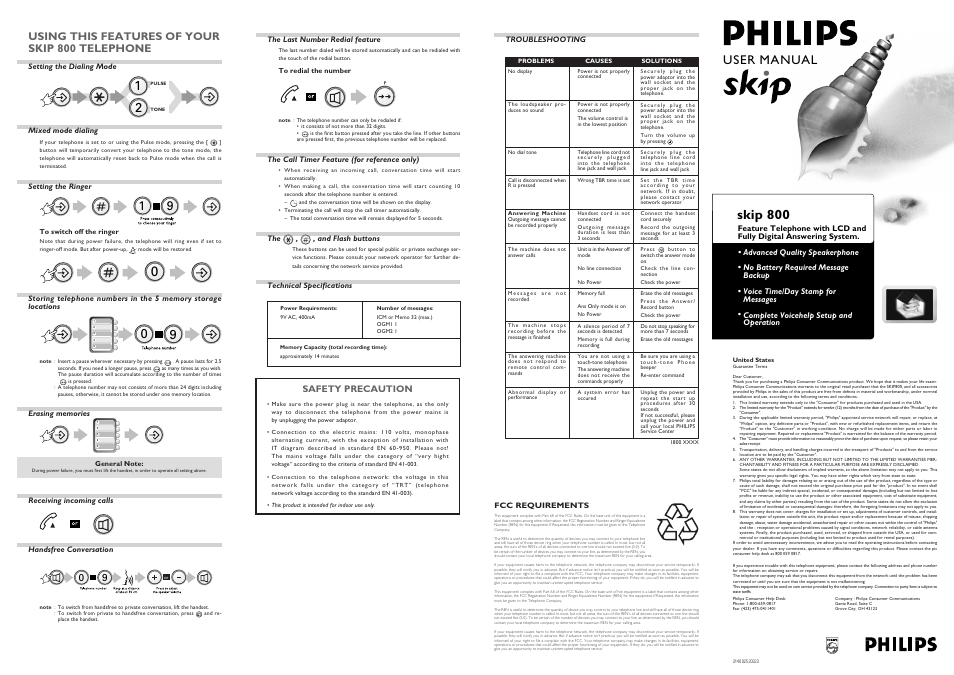 Skip 800, User manual, Using this features of your skip 800 telephone | Safety precaution | Philips SKIP 800 User Manual | Page 2 / 2