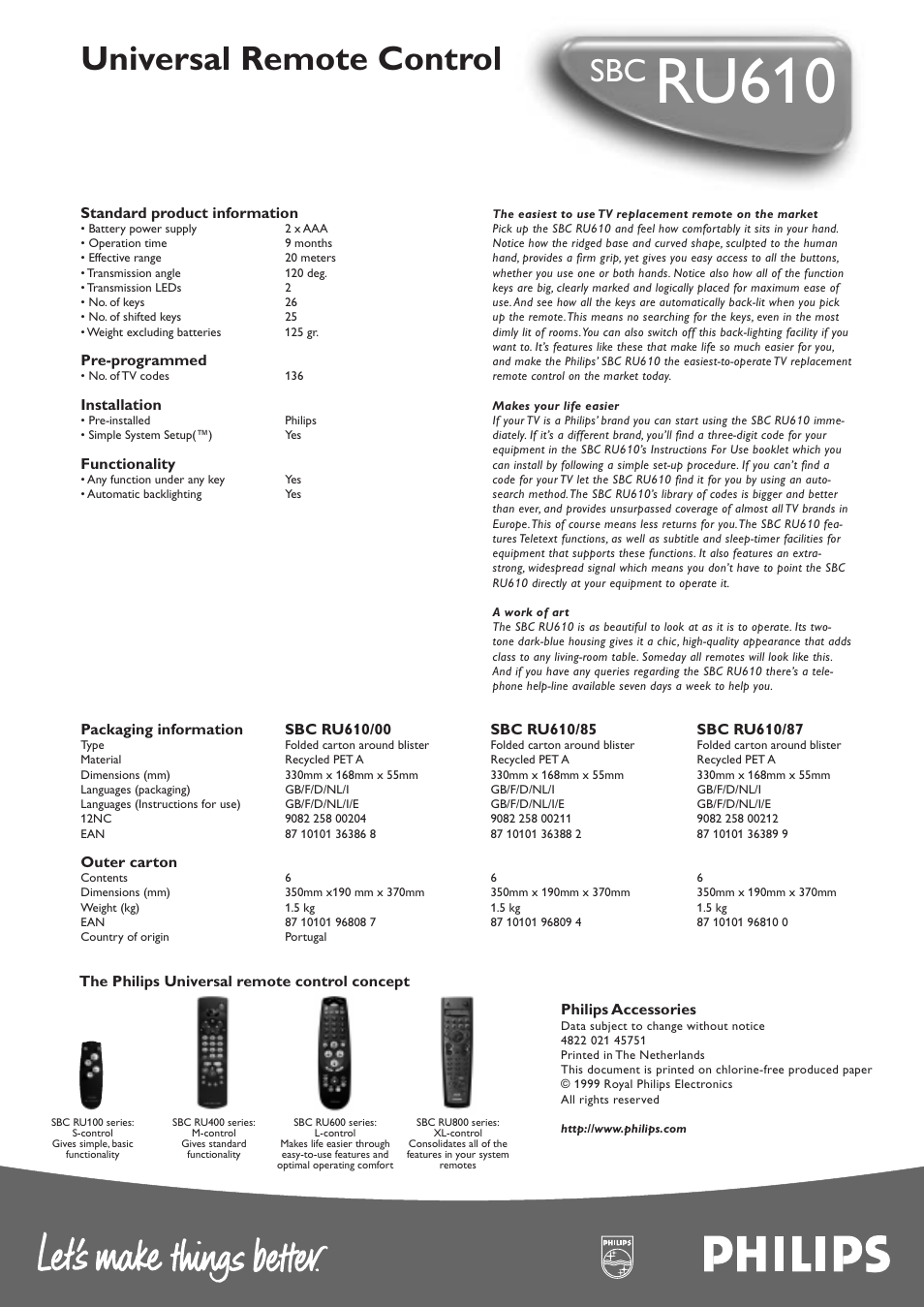 Ru610, Universal remote control | Philips SBC RU610 User Manual | Page 2 / 2