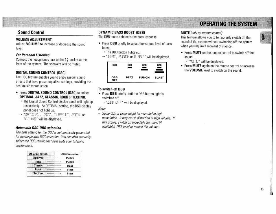 Sound control, Volume adjustment, Digital sound control (dsc) | Dynamic bass boost (dbb), To switch off dbb, Operating the system | Philips FW560C User Manual | Page 15 / 78