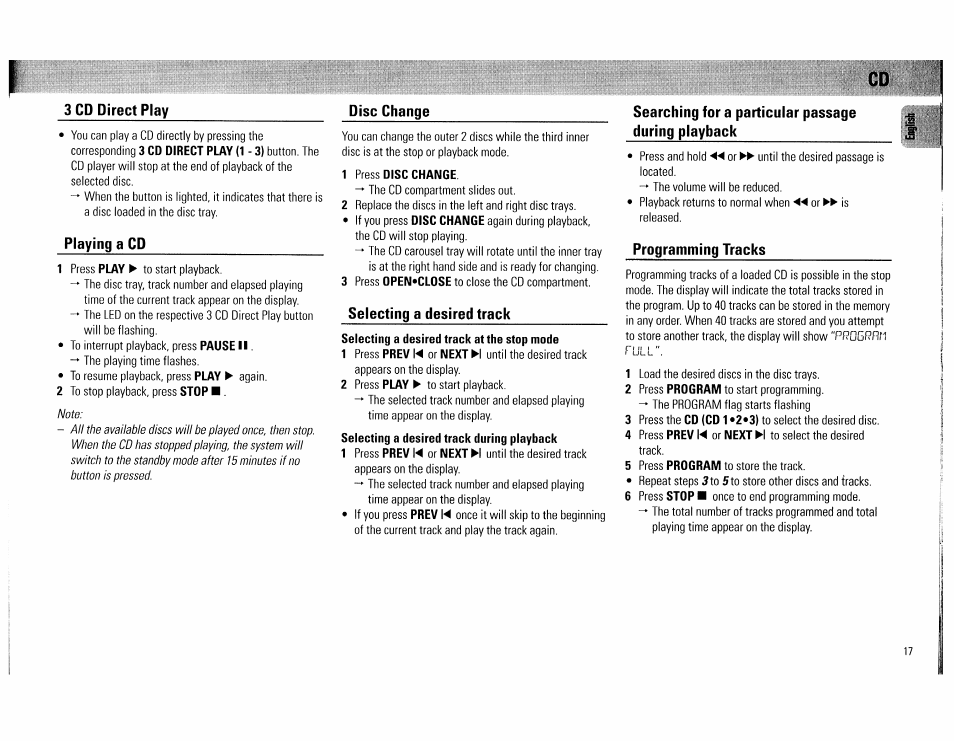 3 cd direct play, Playing a cd, Disc change | 1 press disc change, Selecting a desired track, Selecting a desired track at the stop mode, Searching for a particular passage during playback, Programming tracks | Philips FW560C User Manual | Page 17 / 78