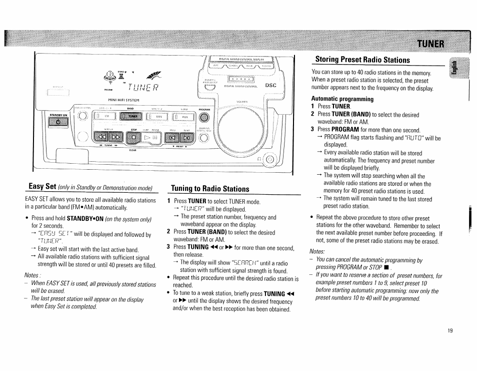 Storing preset radio stations, Tuner | Philips FW560C User Manual | Page 19 / 78