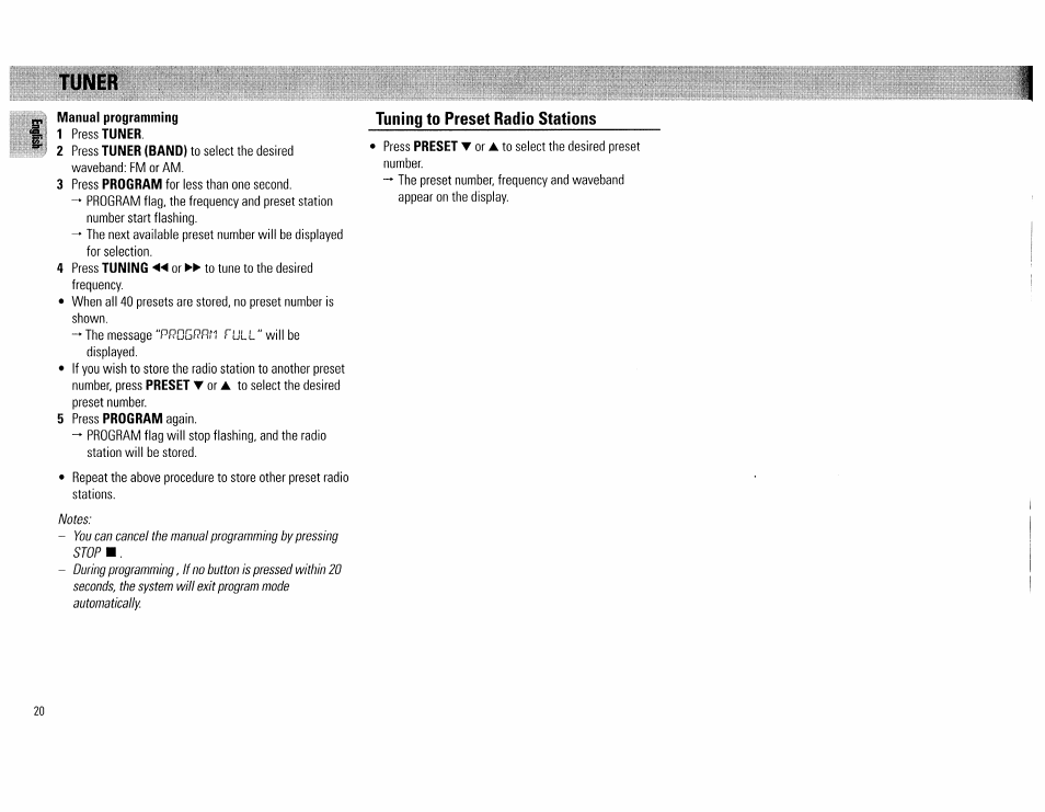 Manual programming, Tuning to preset radio stations | Philips FW560C User Manual | Page 20 / 78