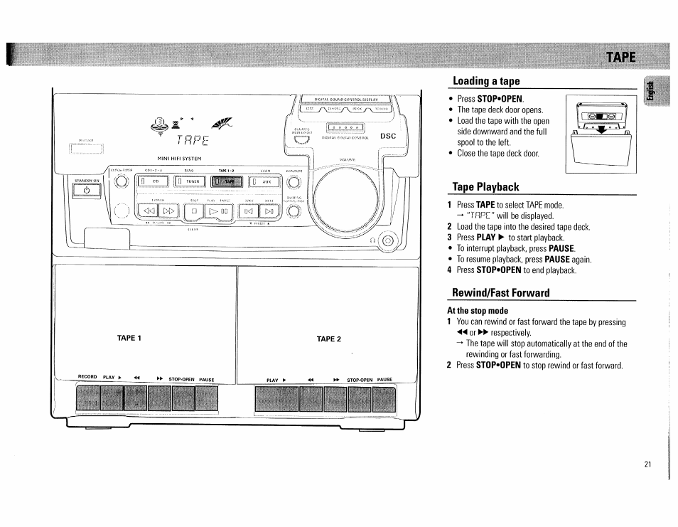 Loading a tape, Press st0p»0pen, Tape playback | Rewind/fast forward, At the stop mode, Tape | Philips FW560C User Manual | Page 21 / 78