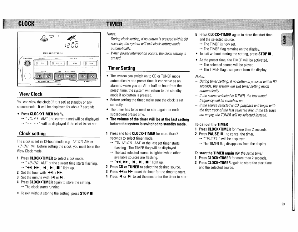 View clock, Clock setting, Timer setting | To cancel the timer, Clock, Timer | Philips FW560C User Manual | Page 23 / 78