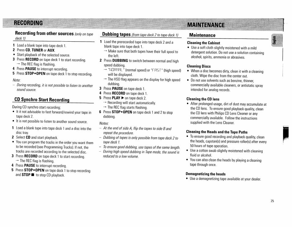 Recording from other sources (only on tape deck 11, Cd synchro start recording, Cleaning the cabinet | Cleaning discs, Cleaning the cd lens, Cleaning the heads and the tape paths, Demagnetizing the heads, Recording maintenance | Philips FW560C User Manual | Page 25 / 78