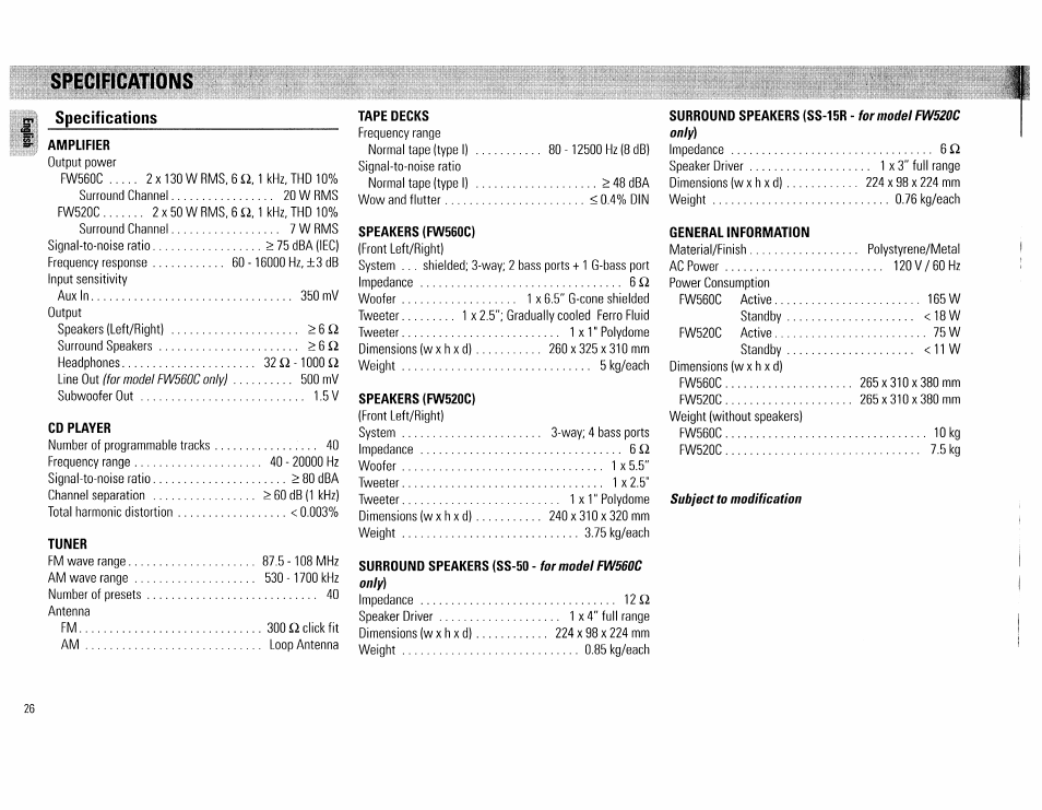 Specificmions | Philips FW560C User Manual | Page 26 / 78