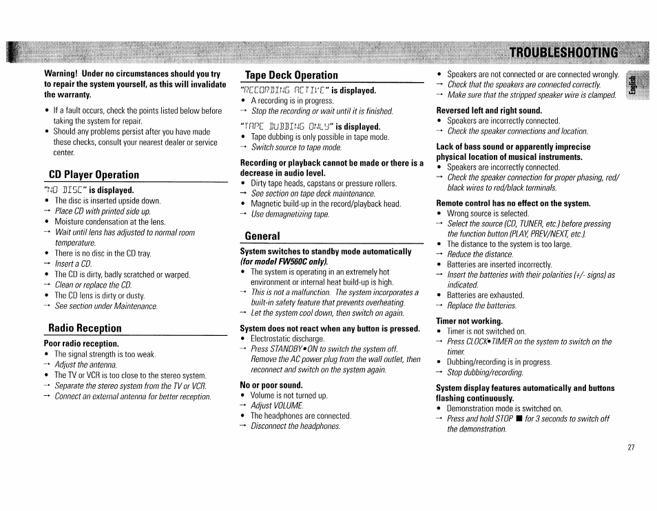 Cd player operation, Radio reception, Tape deck operation | General, Troubleshodttng | Philips FW560C User Manual | Page 27 / 78