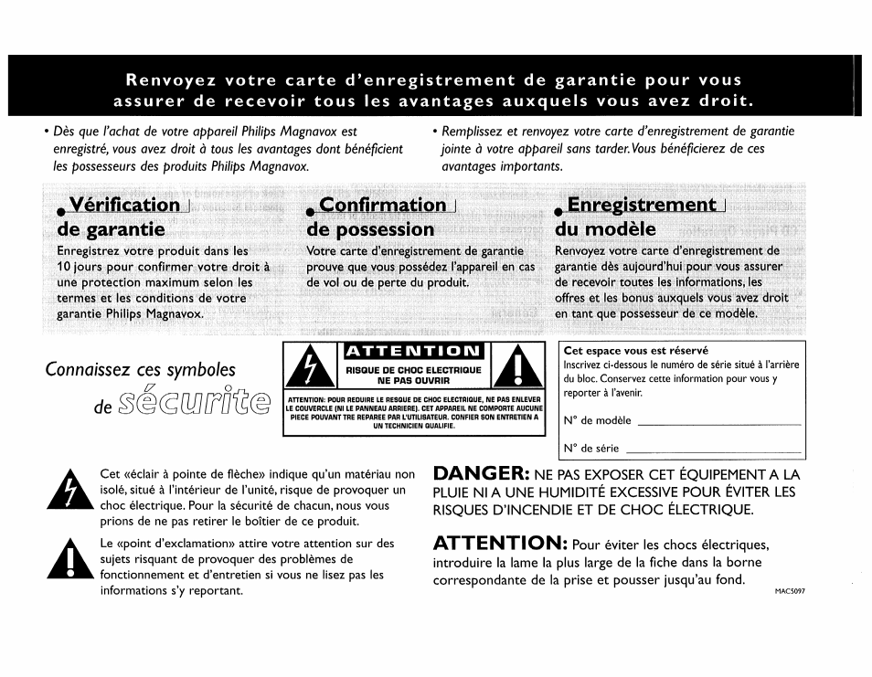 Гли=1^чл.1л, Confirmation i, Vérification i de garantie | De possession, Enregistrement, Du modèle, Danger, Attention | Philips FW560C User Manual | Page 28 / 78